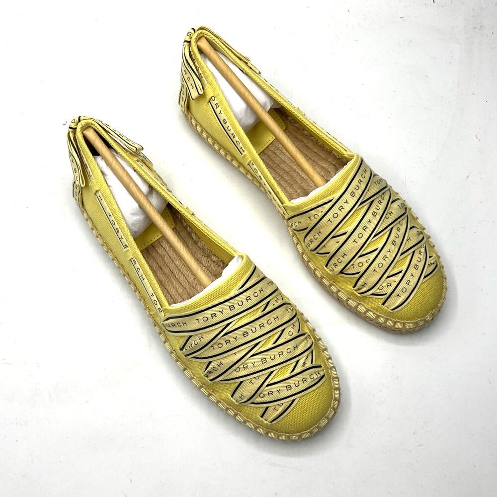 Tory Burch Tory Ribbon Espadrille Blonde Straw Dark Seaweed Yellow Size 7 NEW
